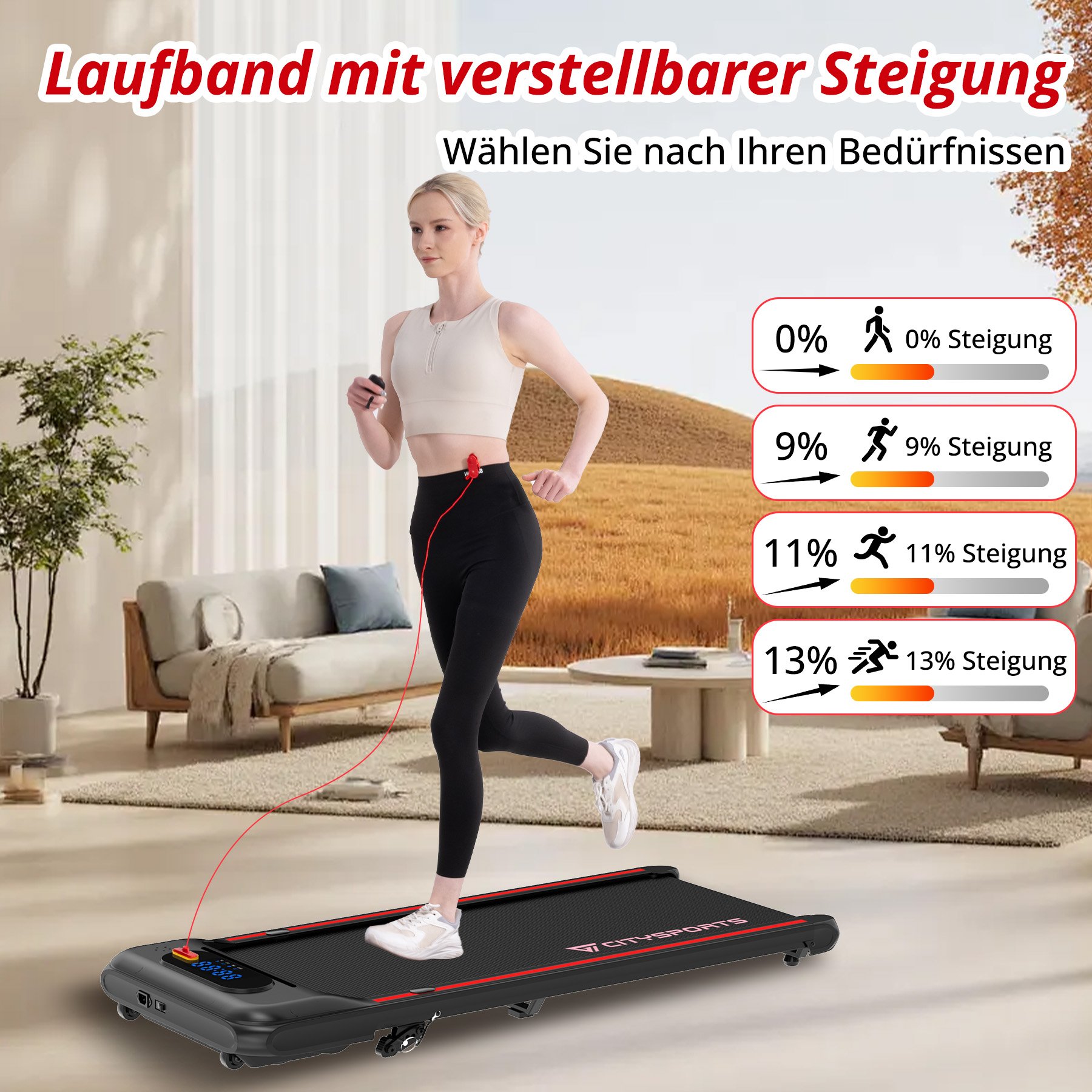 Frau auf Laufband mit einstellbarer Steigung, zeigt 0-13% Steigung.