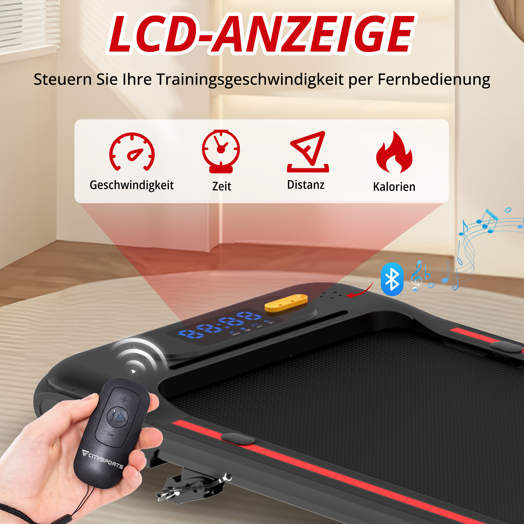 Ein Laufband mit Fernbedienung und LCD-Anzeige zeigt Geschwindigkeit, Zeit, Distanz und Kalorien.