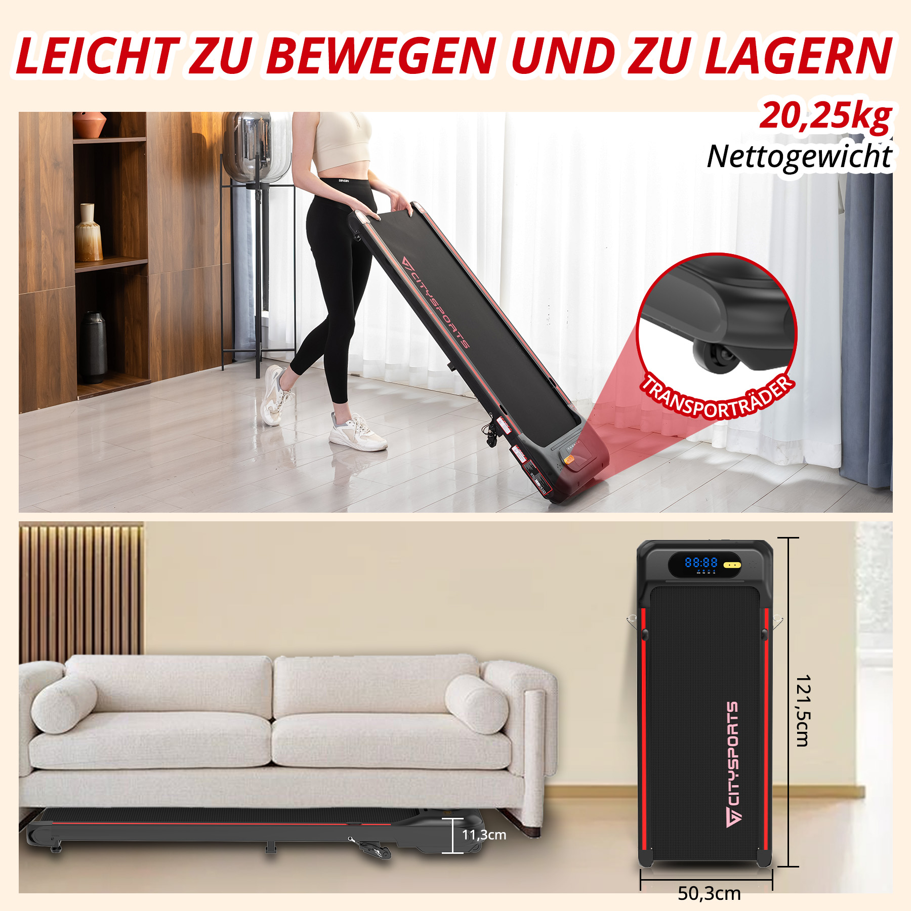 Ein Laufband wird von einer Frau getragen; daneben ein aufrecht stehendes Laufband.
