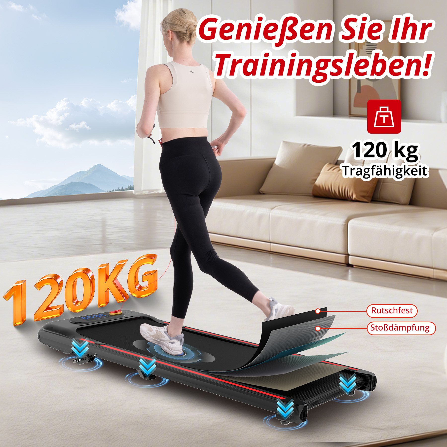 Frau auf Laufband mit 120kg Tragfähigkeit, Stoßdämpfung und rutschfest.