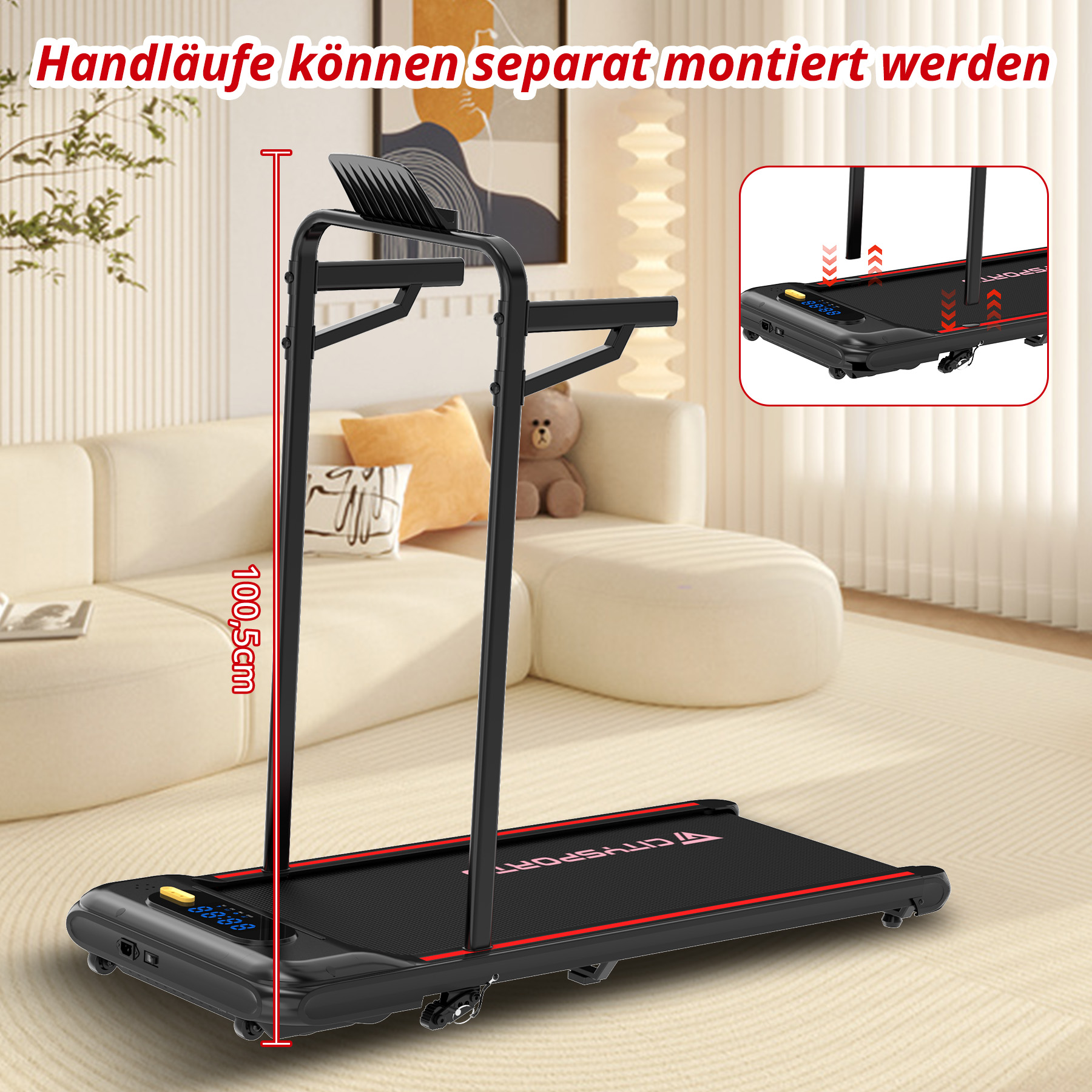 Ein schwarzes Laufband mit roter Umrandung steht in einem Wohnzimmer. Maße sind 100,5 cm.
