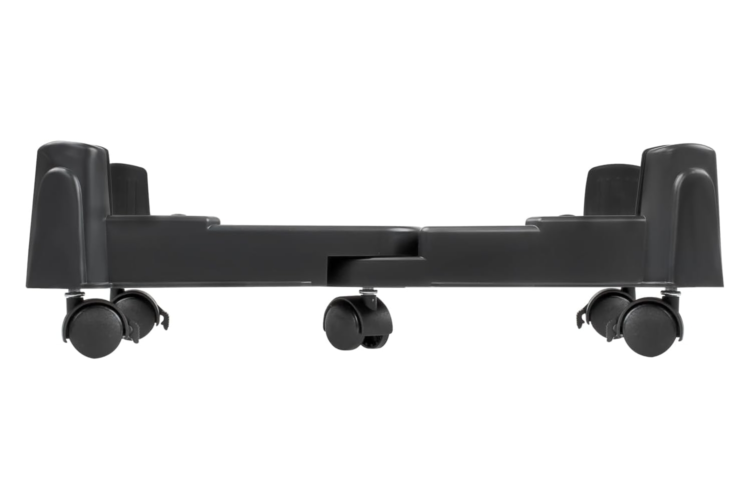 Supporto PC mobile nero con quattro ruote e supporti laterali.