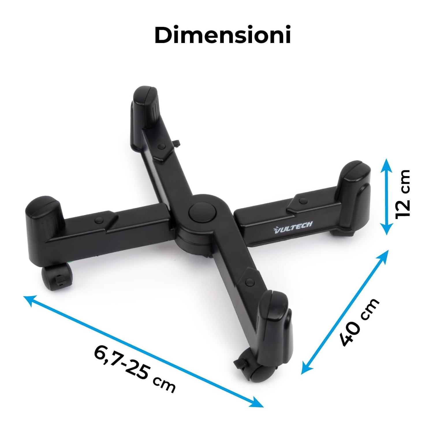 Supporto nero regolabile con ruote, dimensioni 6,7-25x40x12 cm.