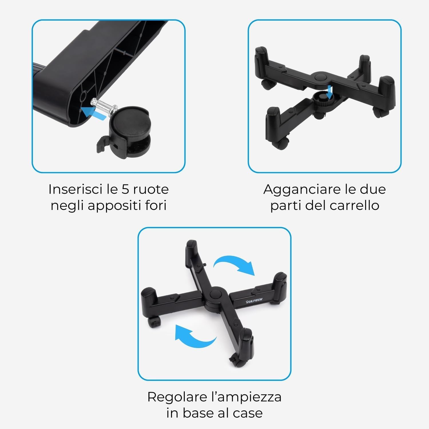 Carrello nero con 5 ruote, mostra assemblaggio e regolazione delle dimensioni.