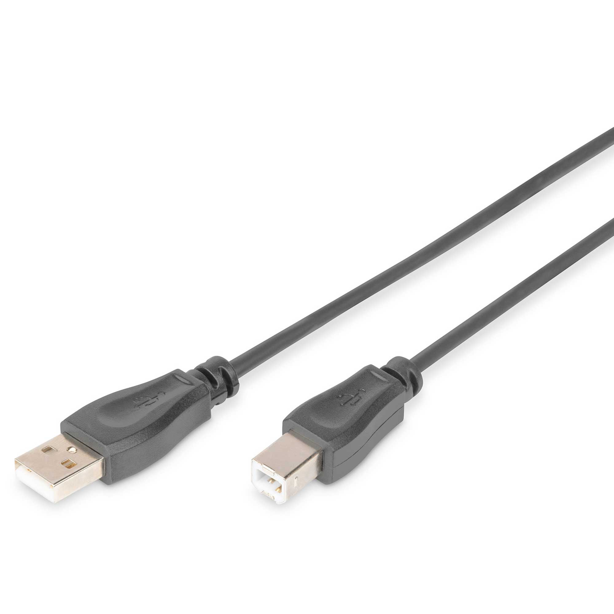 Beyaz arka plan üzerinde Tip A ve Tip B konnektörlü siyah USB kablosu.