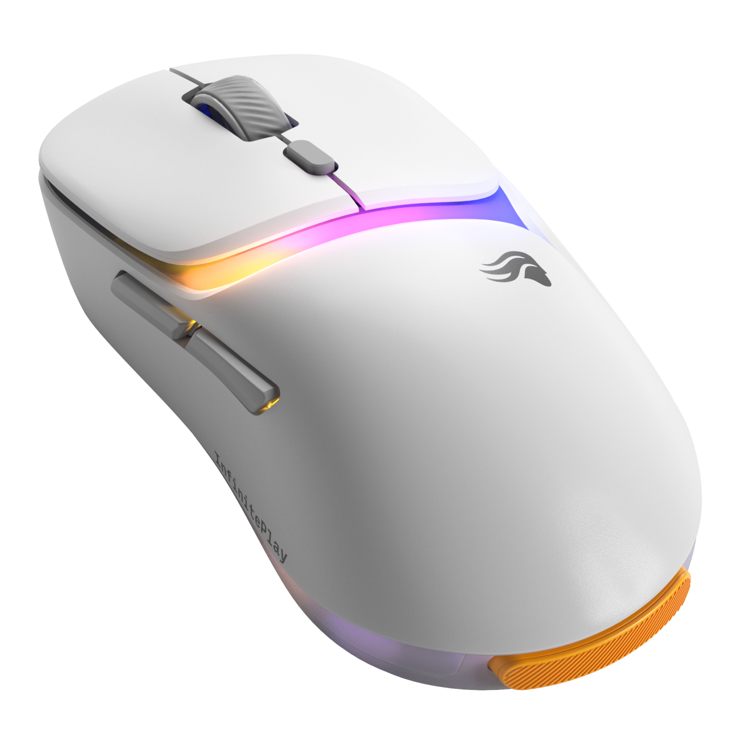 Un mouse gaming wireless bianco con illuminazione RGB e accento arancione.