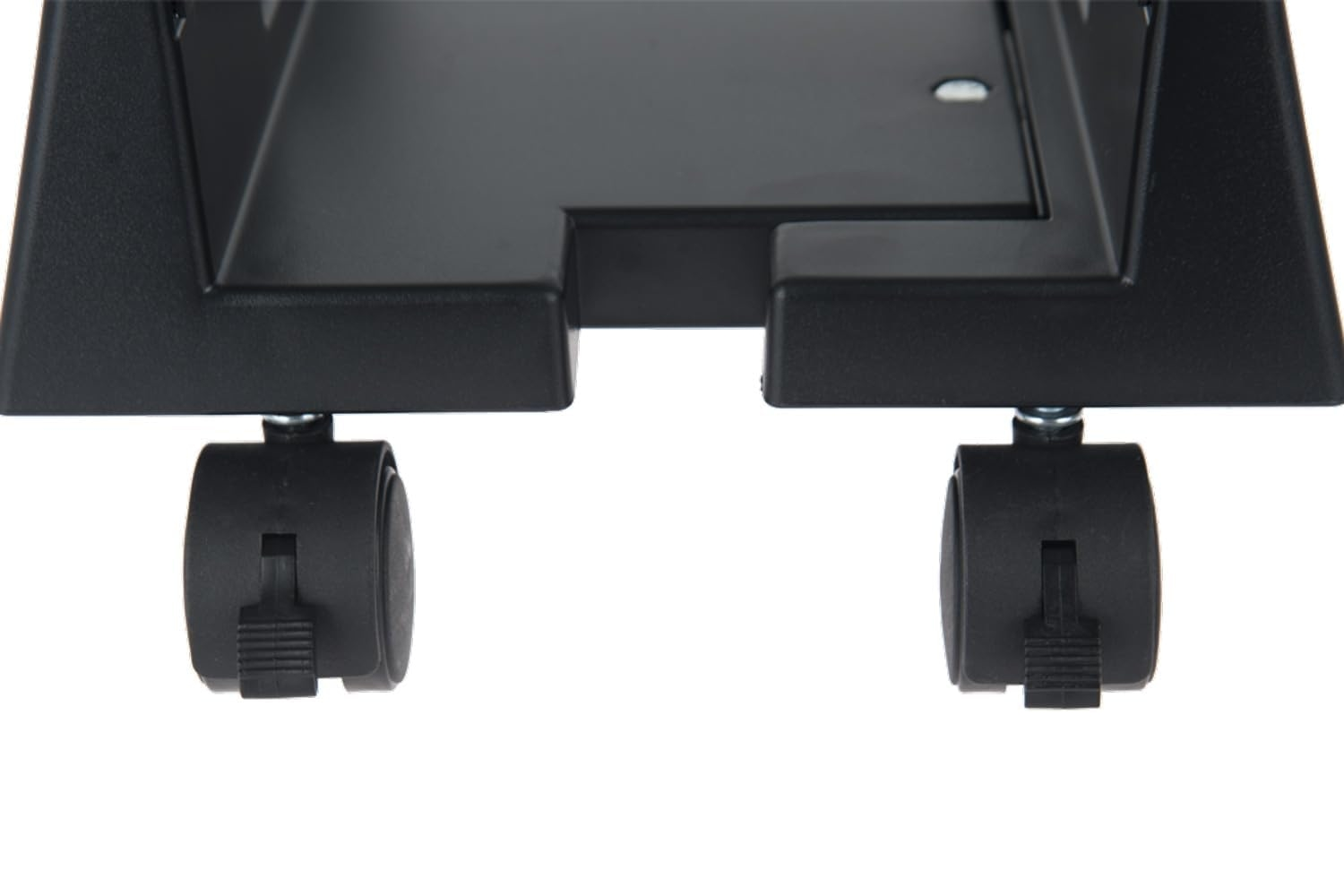 Primo piano di un supporto nero per case del computer con due ruote.