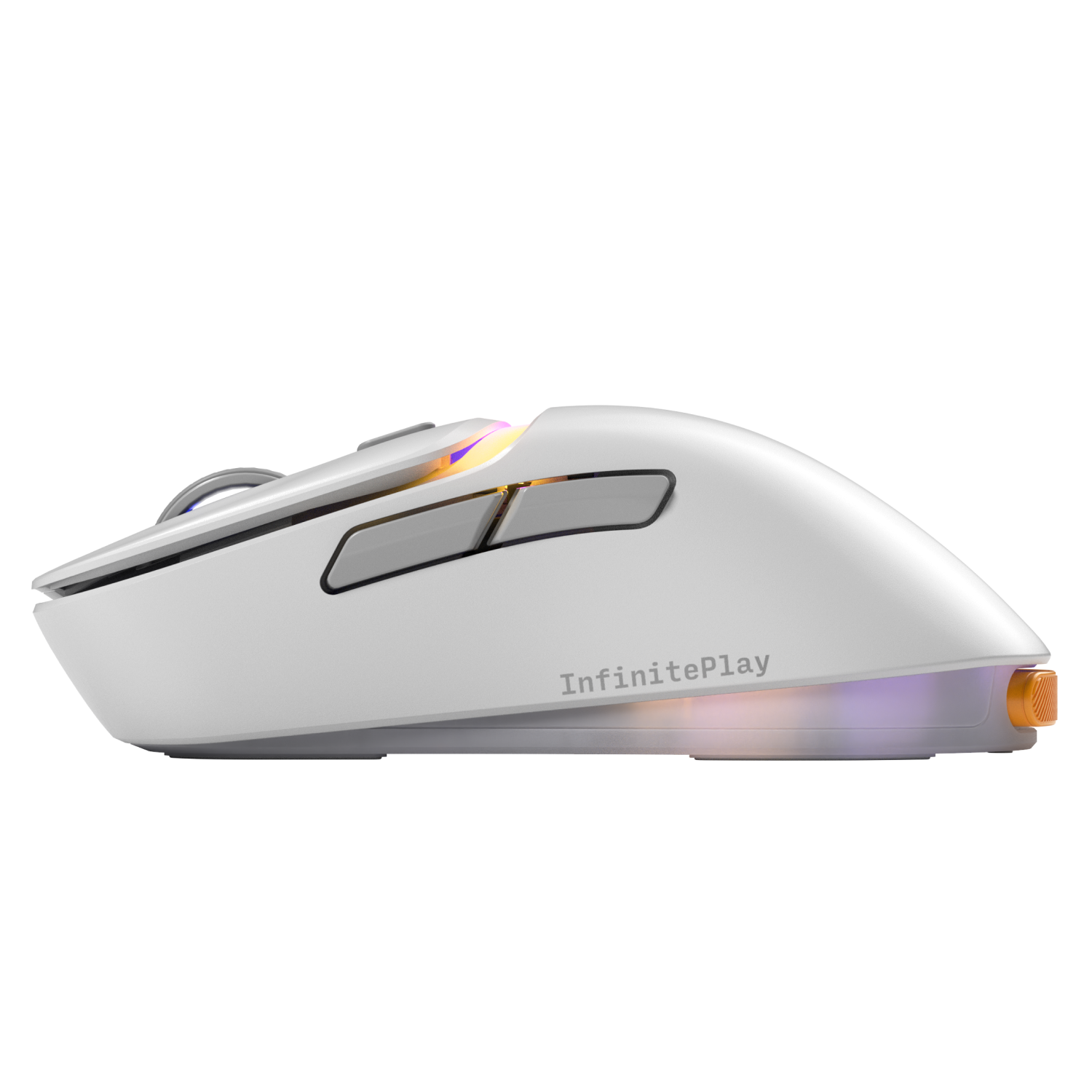 Mouse da gaming bianco con rotellina arancione e illuminazione RGB su sfondo bianco.
