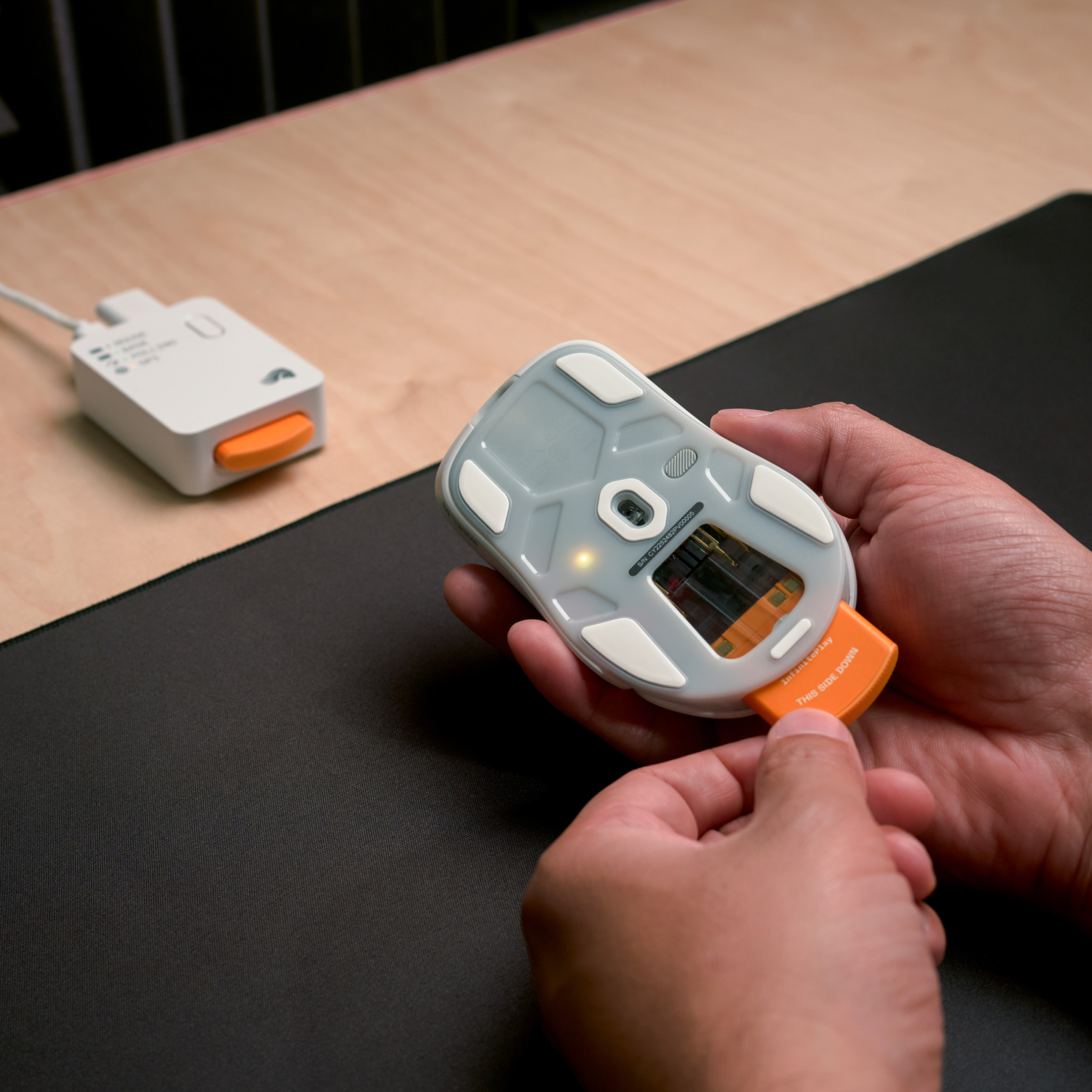Mani inseriscono un ricevitore USB arancione nella parte inferiore di un mouse bianco.