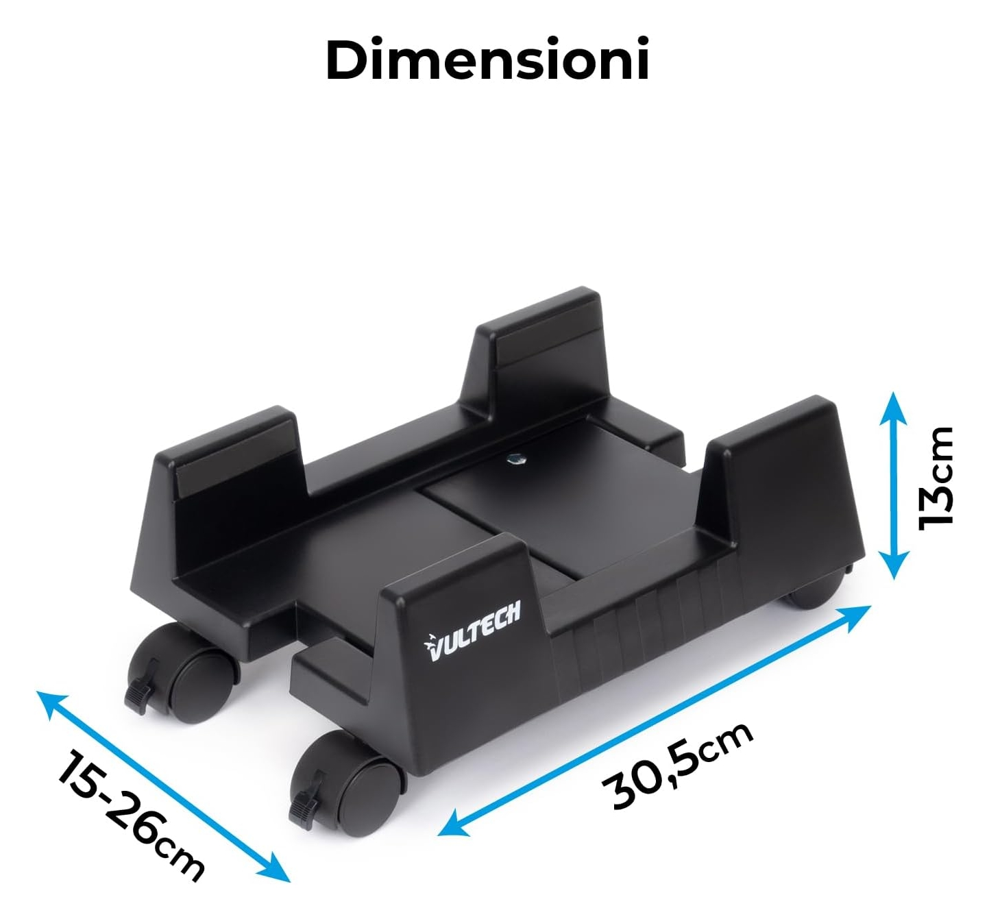 Supporto PC nero con ruote, dimensioni 30,5x15-26x13cm.