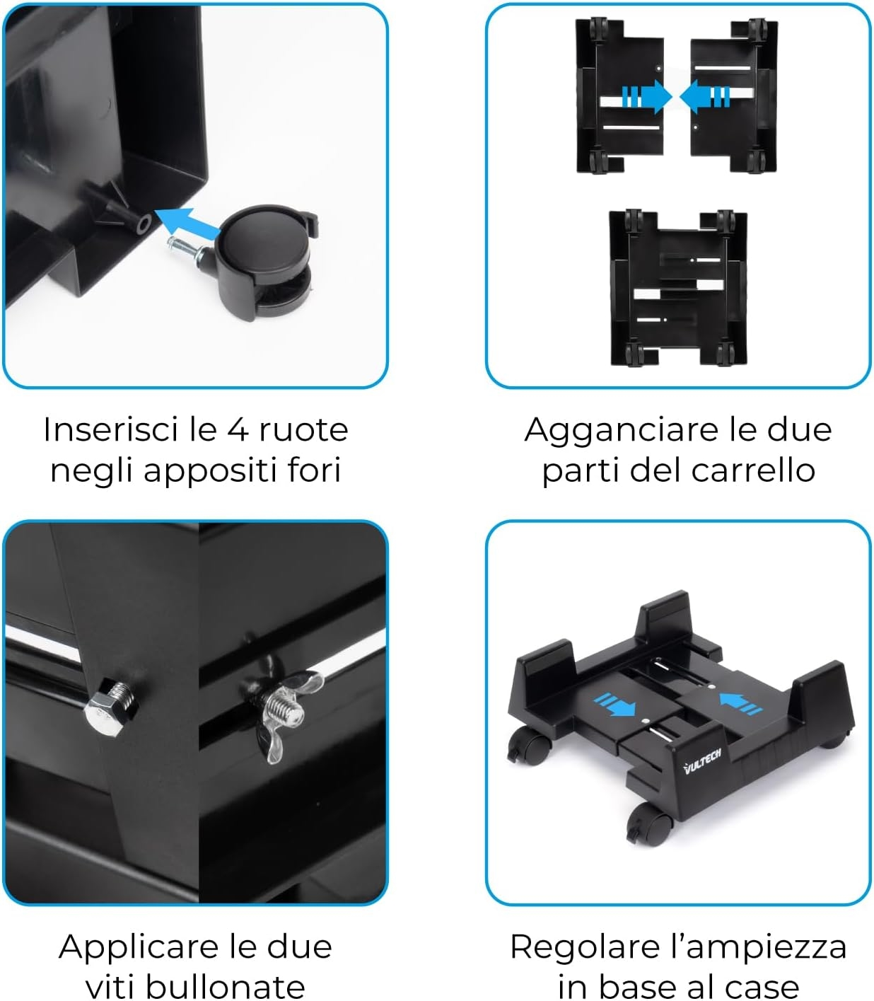 Supporto PC nero con ruote e viti, istruzioni di montaggio.