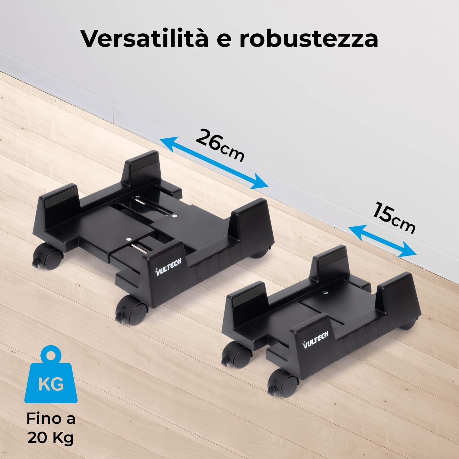Due supporti neri per CPU con ruote. Uno misura 26 cm, l'altro 15 cm.