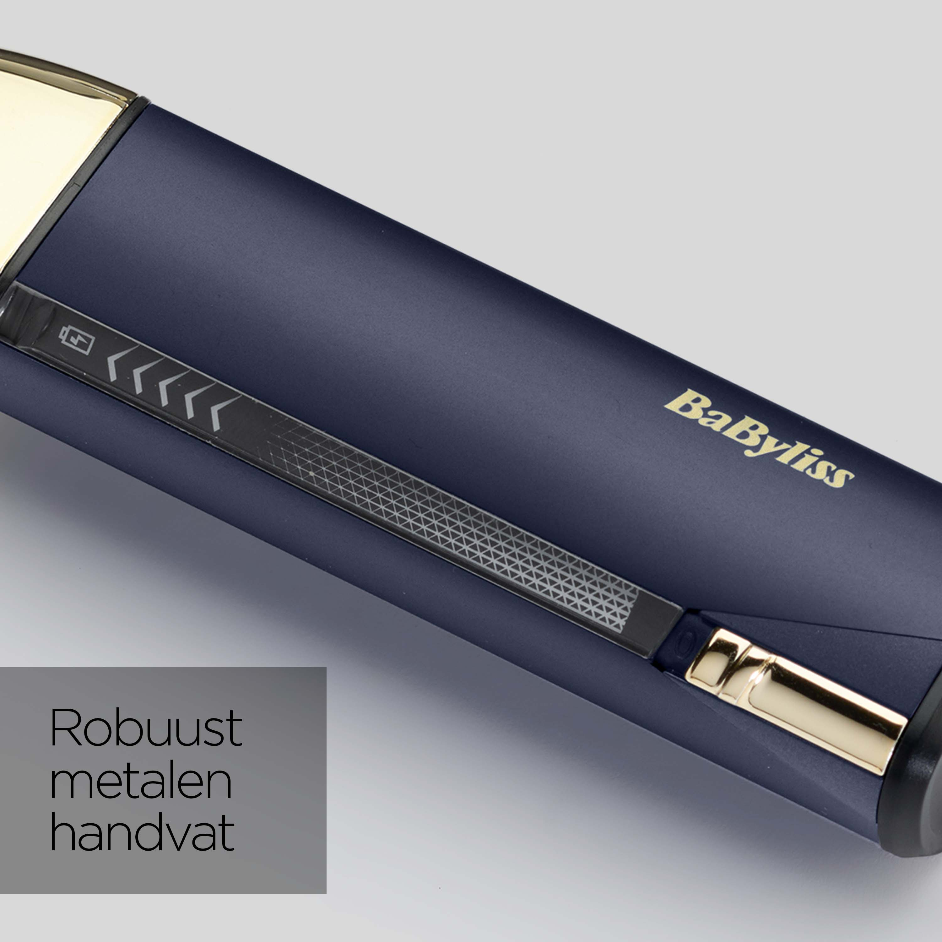 Dunkelblauer Haarglätter mit goldenen Akzenten und BaByliss-Logo.