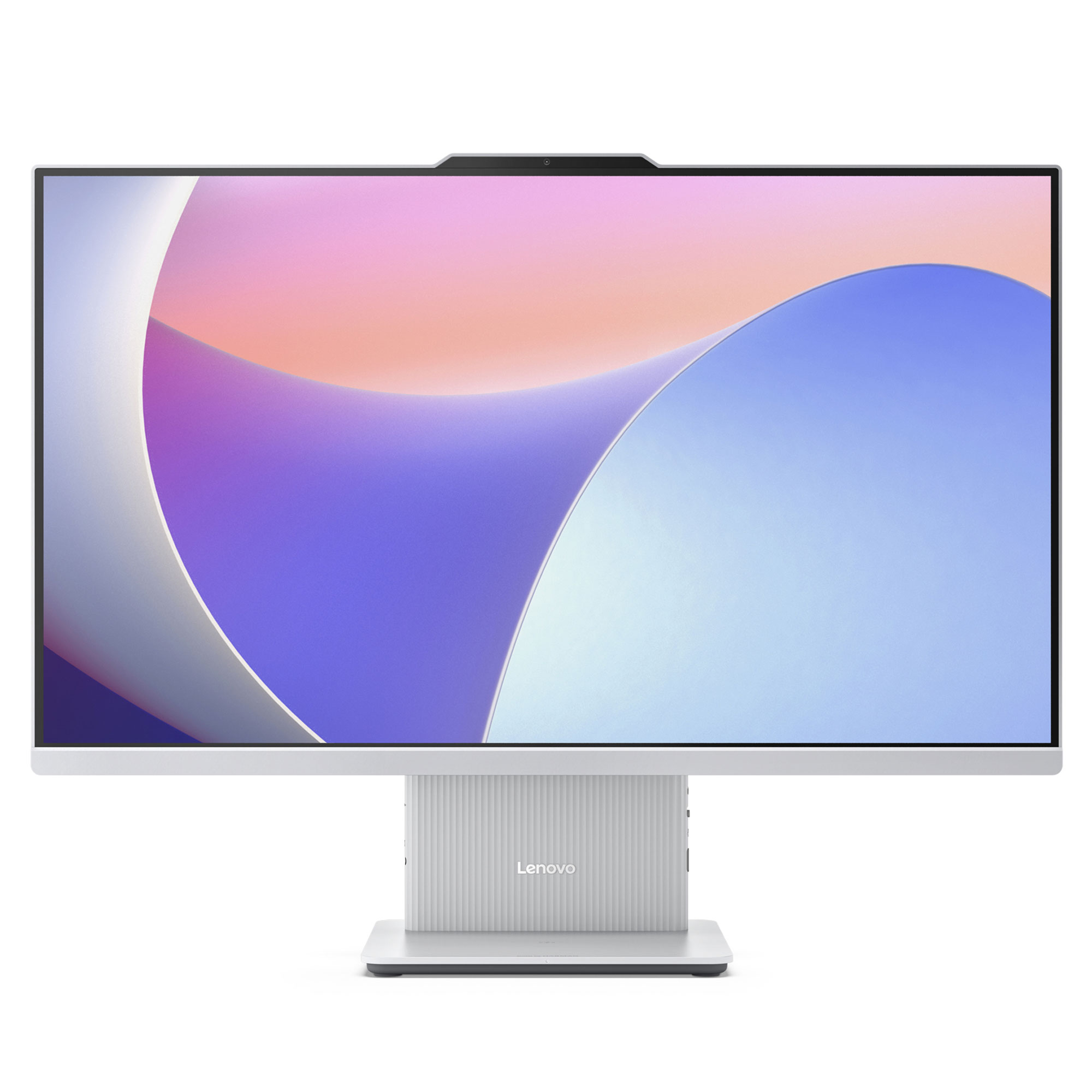 Gümüş standlı ve soyut grafikler gösteren ekranlı bir Lenovo hepsi bir arada bilgisayar.
