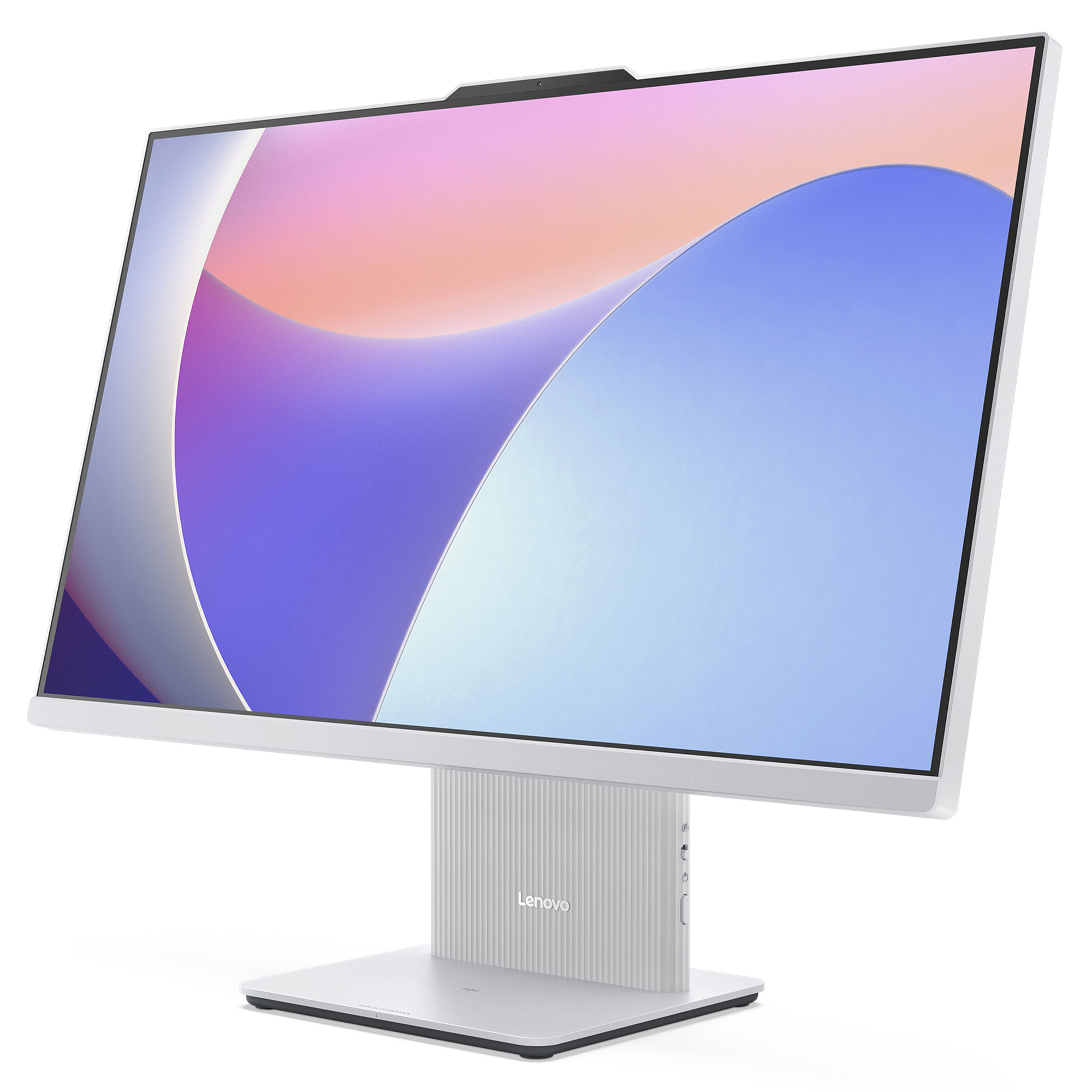 Lenovo logolu beyaz hepsi bir arada bilgisayar ve soyut duvar kağıdı.