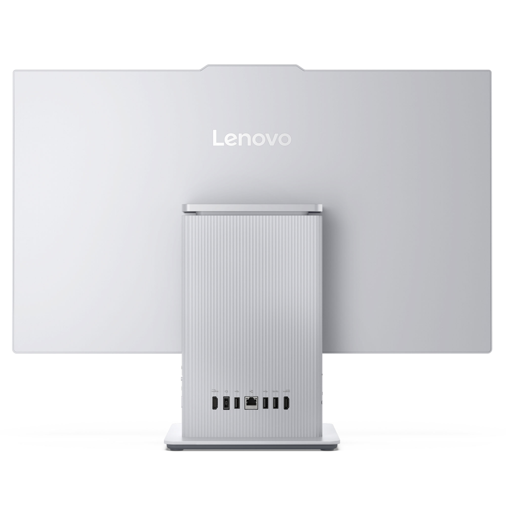 Bağlantı noktalarını gösteren beyaz bir Lenovo hepsi bir arada bilgisayarın arkası.