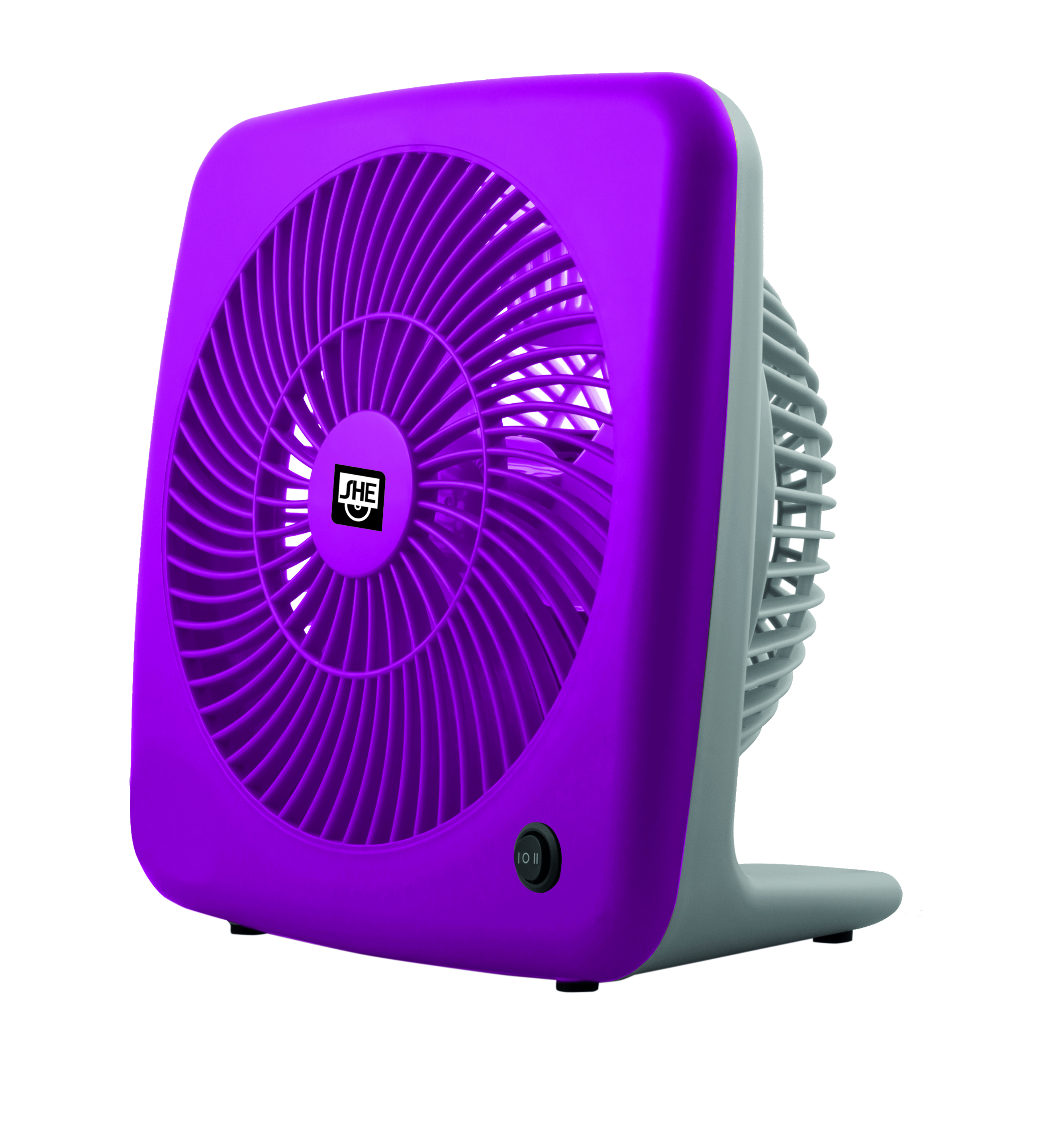 Ein pinker Tischventilator mit grauen Elementen und einem Ein-/Ausschalter.