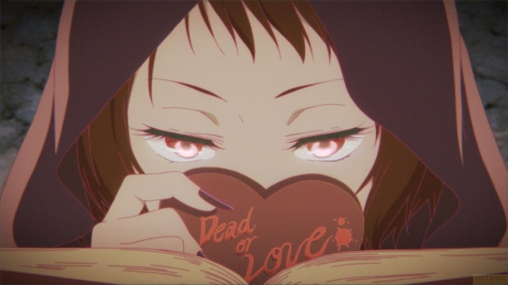 Ragazza anime con cappuccio tiene un cuore con testo 'Dead or Love'.