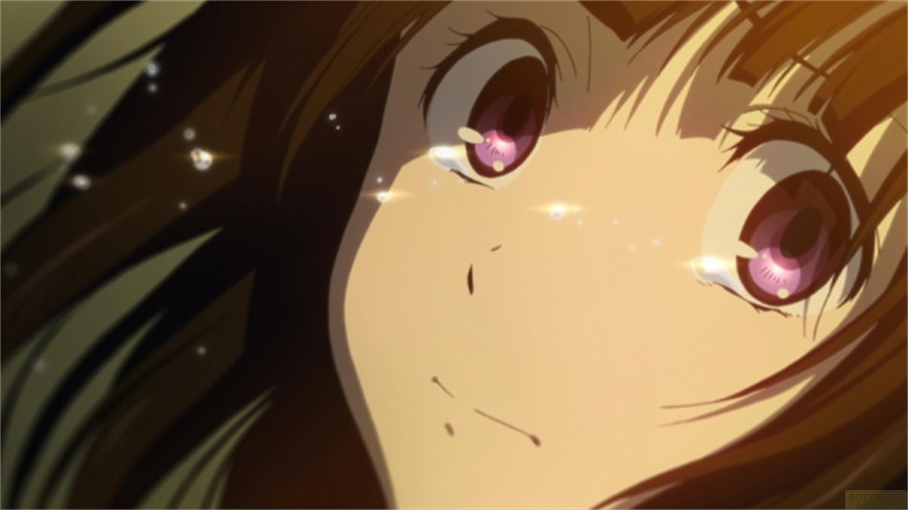 Primo piano anime di una ragazza che piange con grandi occhi viola e capelli castani.