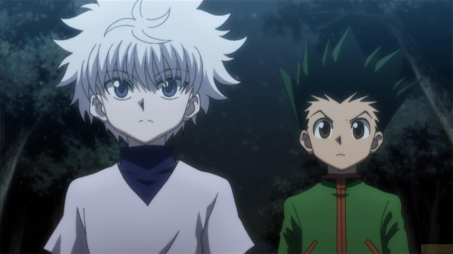 Due ragazzi anime con capelli bianchi e verdi stanno al buio.
