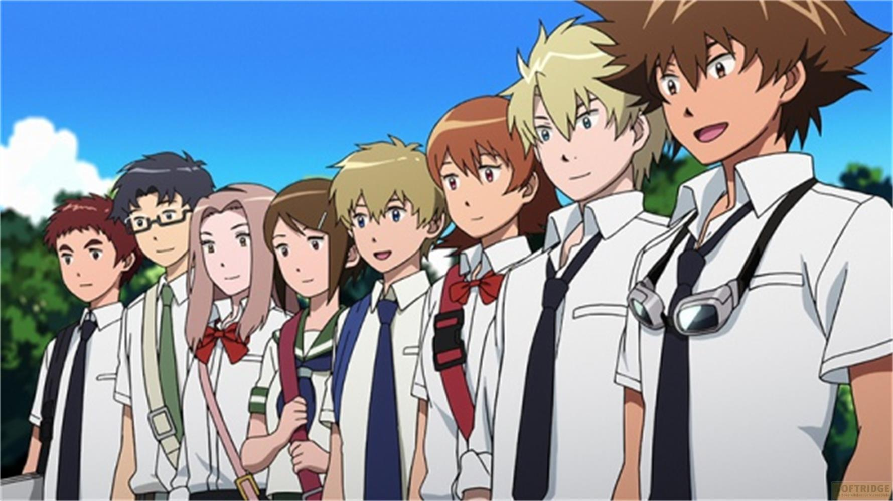 Otto personaggi anime stanno fianco a fianco, alcuni in divisa scolastica.