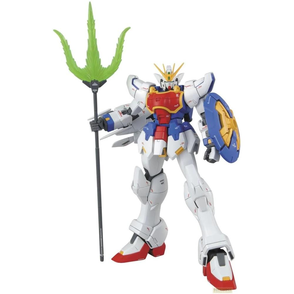 Un robot blanc et bleu tenant une lance verte et un bouclier bleu.