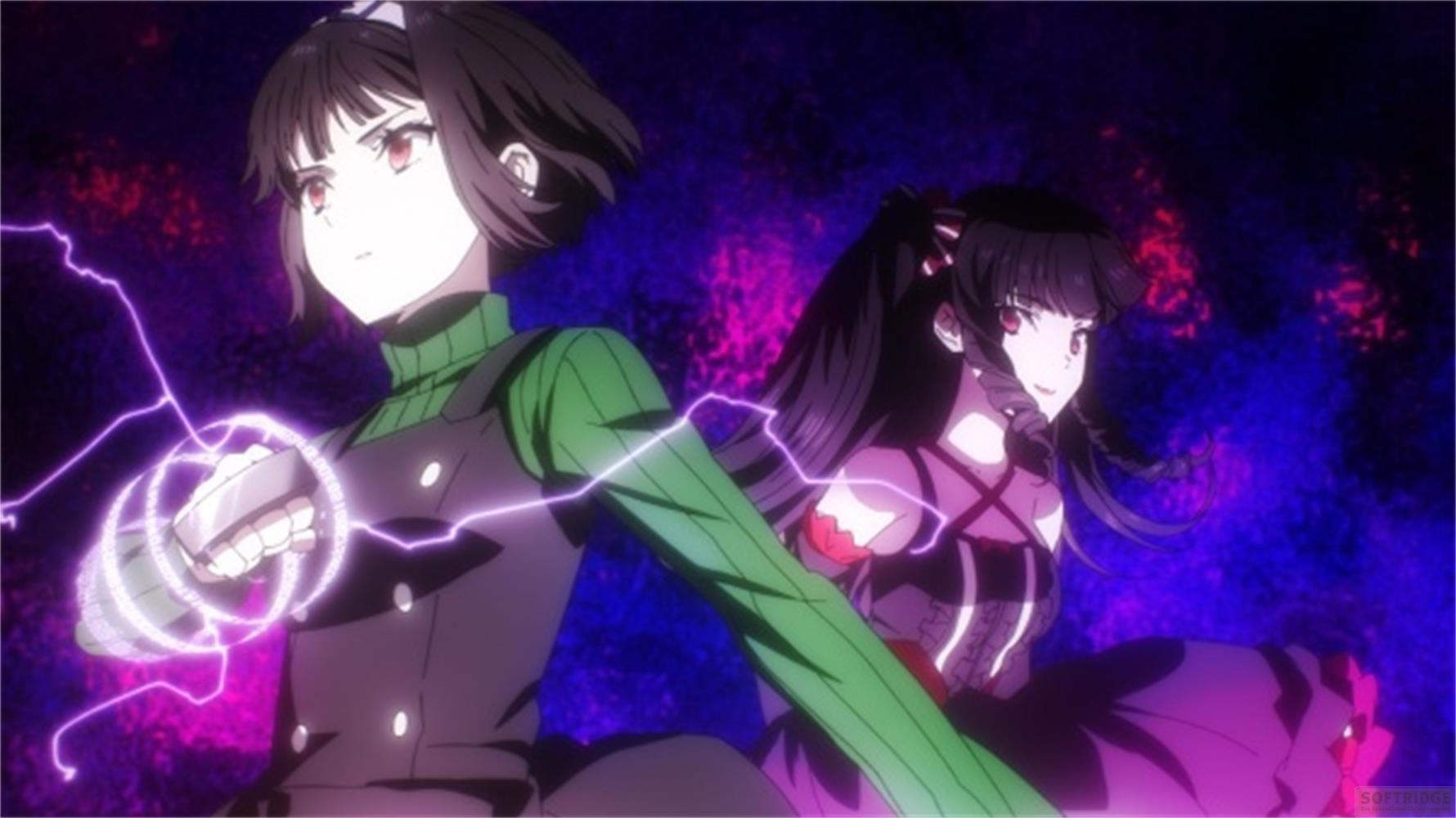 Due ragazze anime dai capelli scuri, una in verde, una in viola, circondate da fulmini viola.