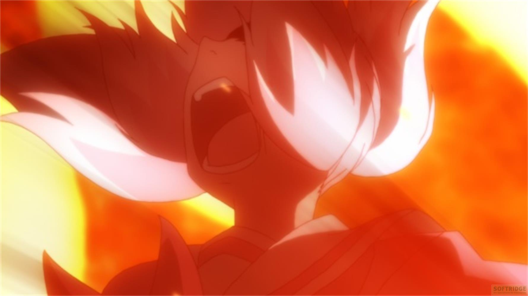 Un personaggio in stile anime urla a bocca aperta su uno sfondo arancione brillante.