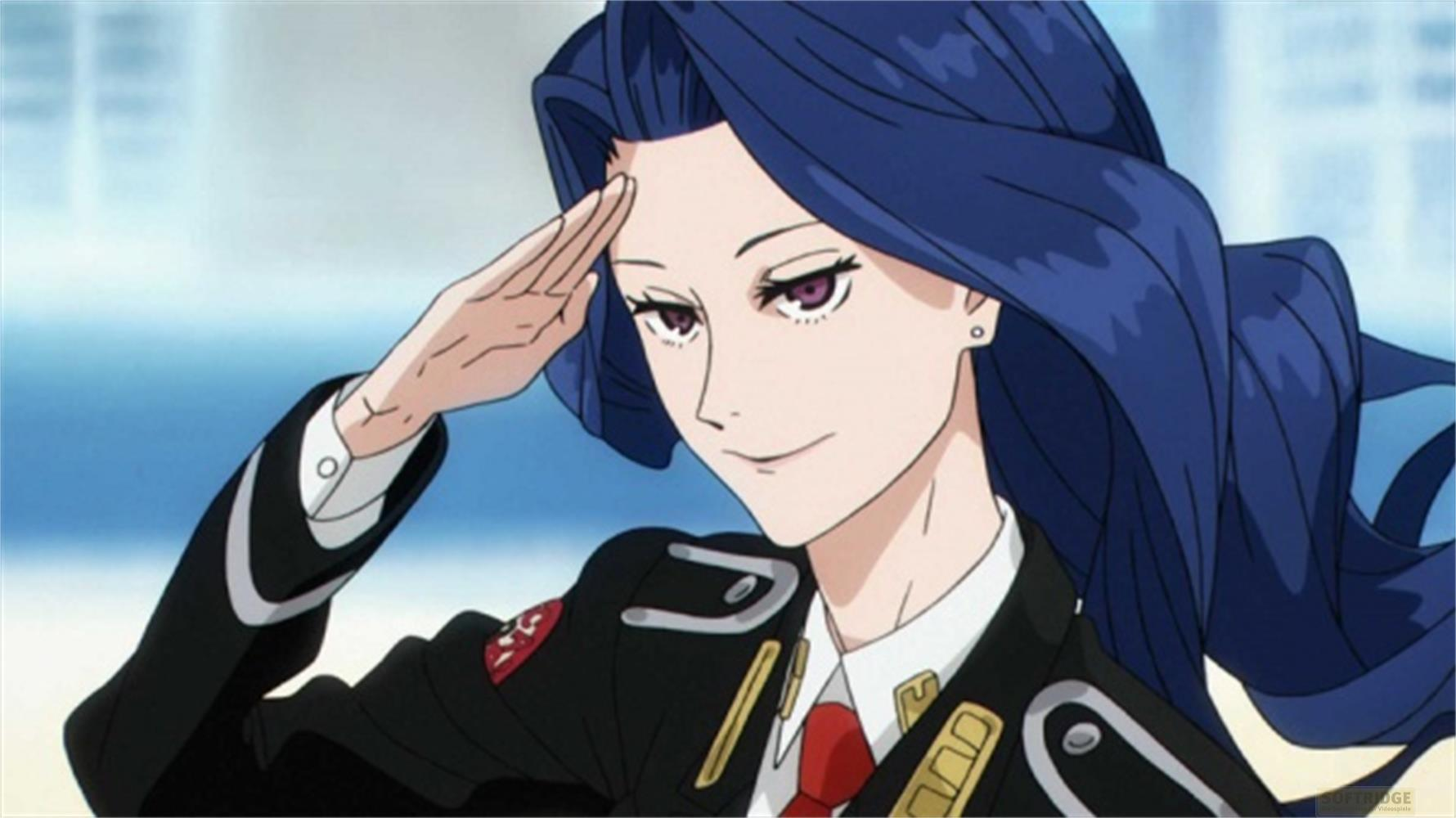 Donna anime con capelli blu saluta, indossa uniforme scura con accenti rossi.