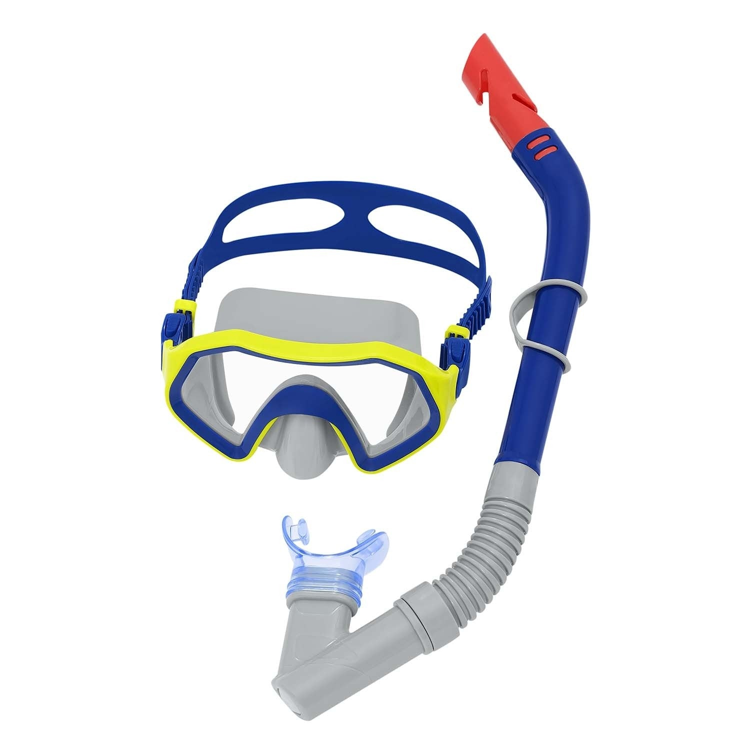 Máscara de snorkel azul y amarilla con tubo de snorkel azul.