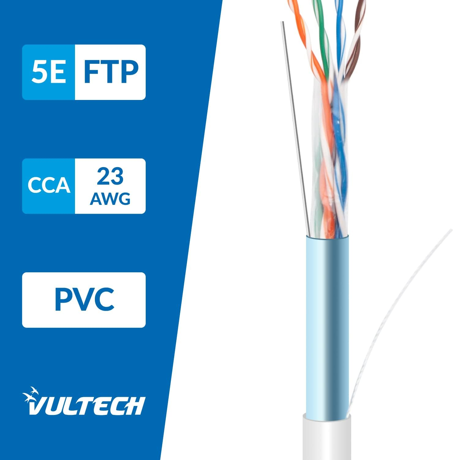 Een 5E FTP, 23 AWG, PVC mantel netwerkkabel met gekleurde gedraaide draden.