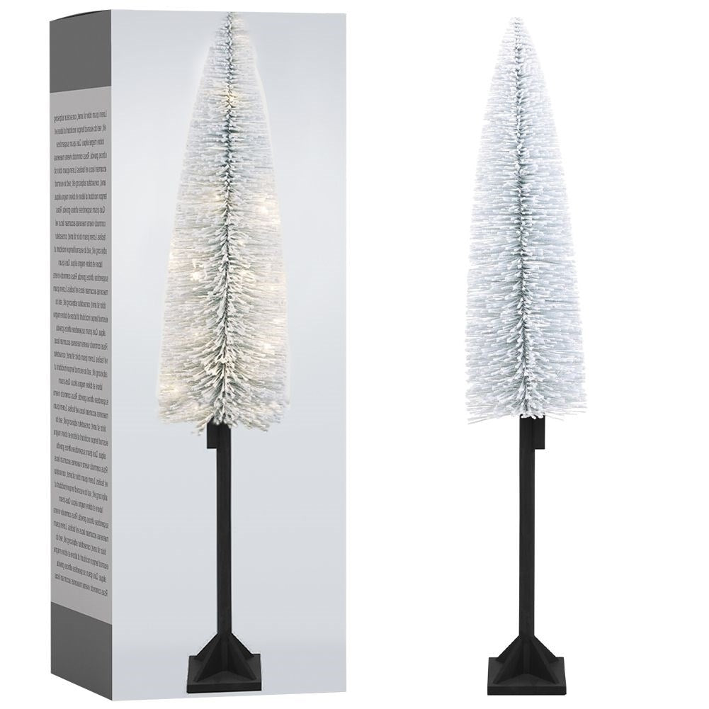 Árbol blanco de cepillo de botella con luces sobre soporte negro, en caja a la izquierda.
