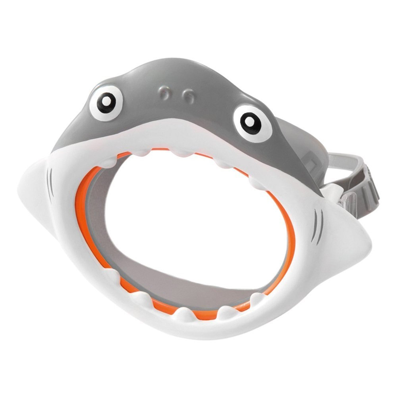Gafas de natación grises de tiburón con dientes blancos y ribete naranja.