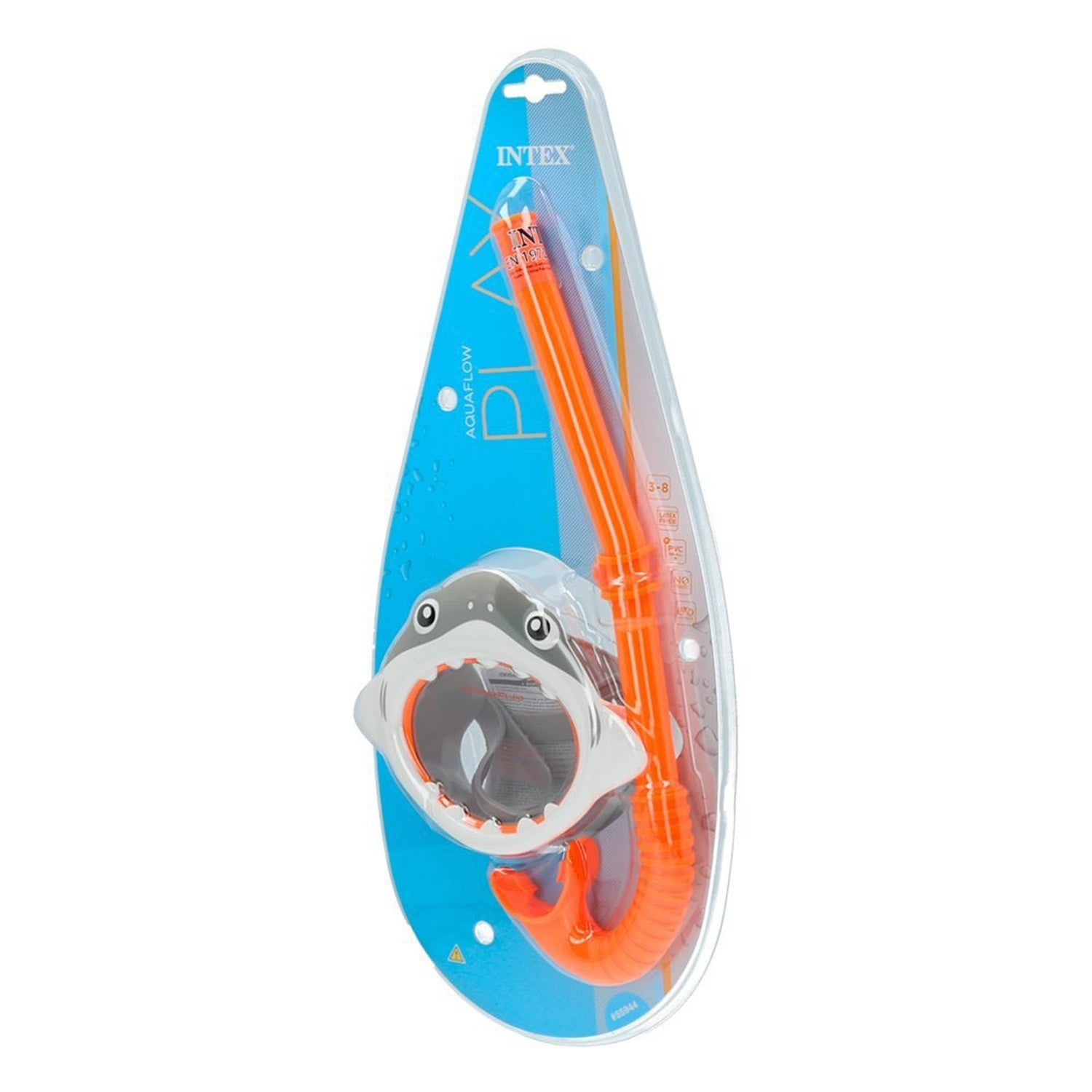 Un juego de snorkel naranja con máscara de tiburón en embalaje.