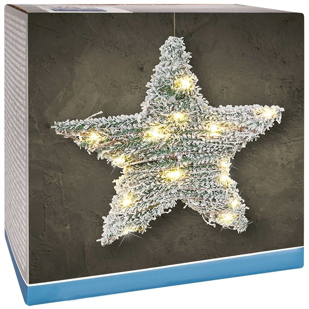 Una decoración de árbol de Navidad iluminada en forma de estrella con efecto nevado.