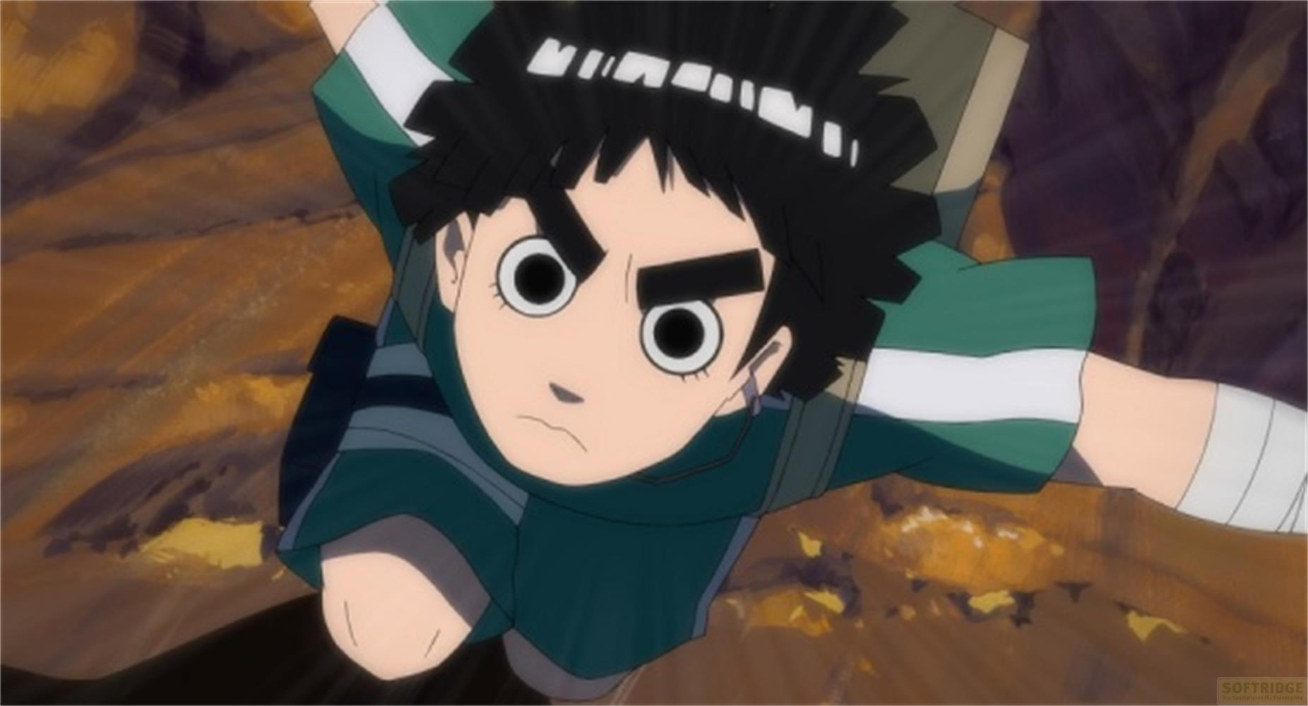 Personnage d'anime aux cheveux noirs et tenue verte regardant vers le haut.