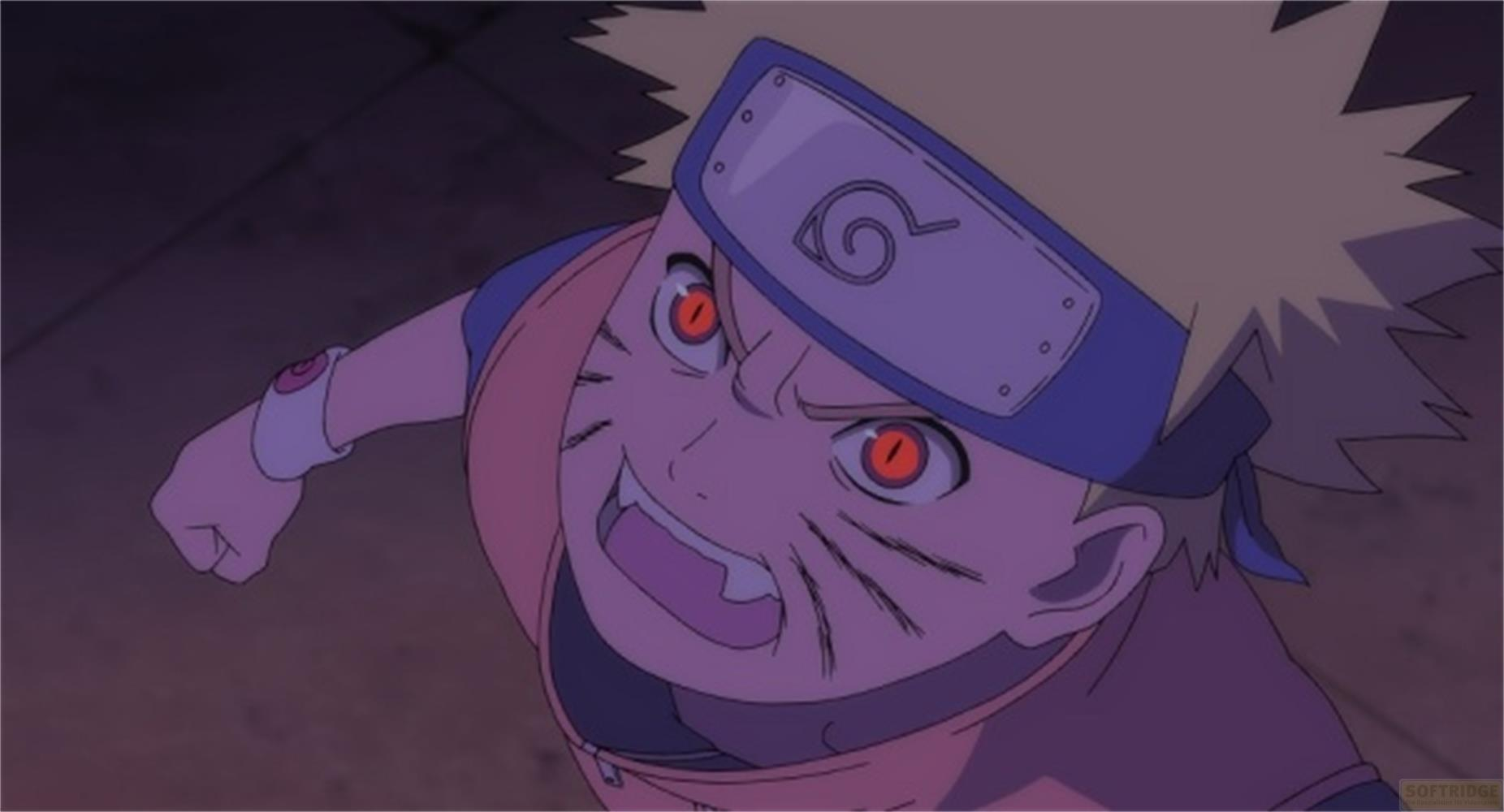 Naruto aux yeux rouges, bandeau avec symbole Konoha, vêtu d'orange.