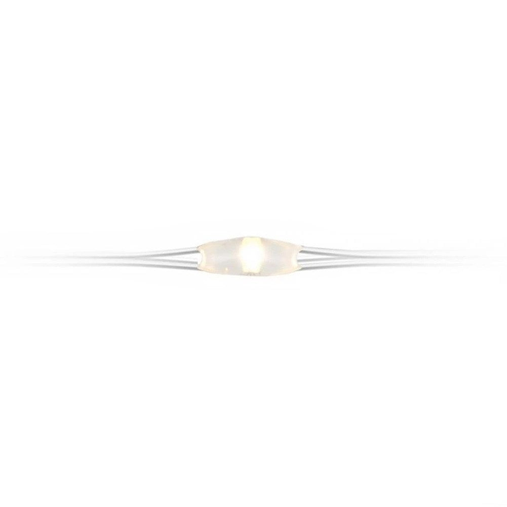 Una singola luce LED bianca con cavo su sfondo bianco.