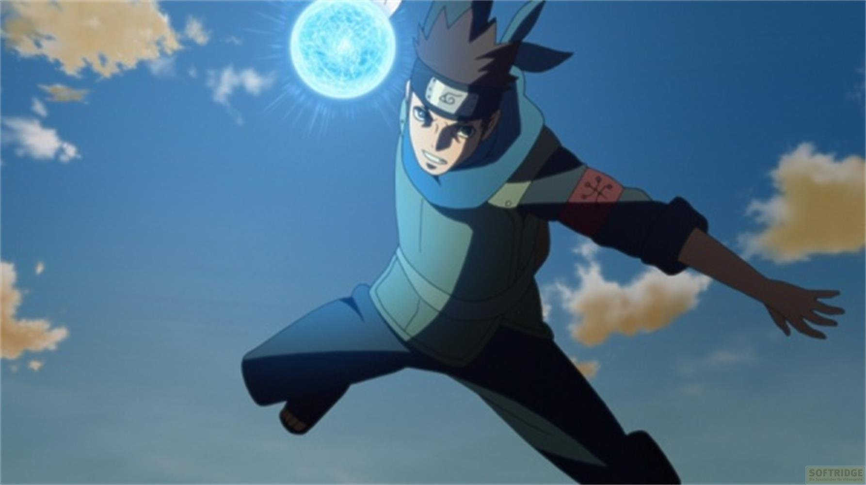 Un personaggio anime con una sfera di energia blu sopra la testa, che salta all'aperto.