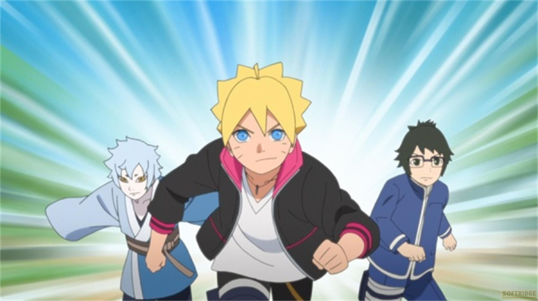 Tre personaggi anime corrono in avanti, con Boruto al centro.
