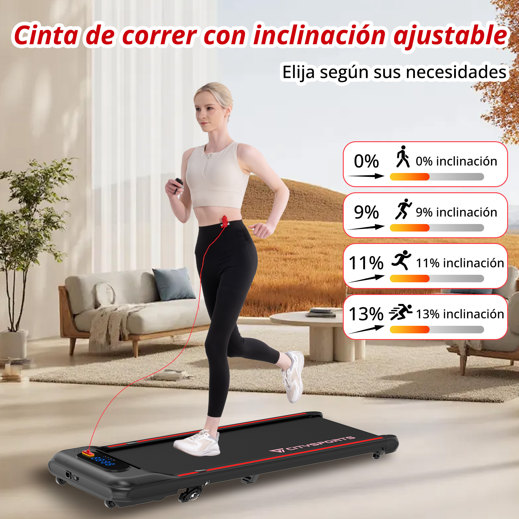 Una mujer corre en una cinta con inclinación ajustable en una sala de estar.