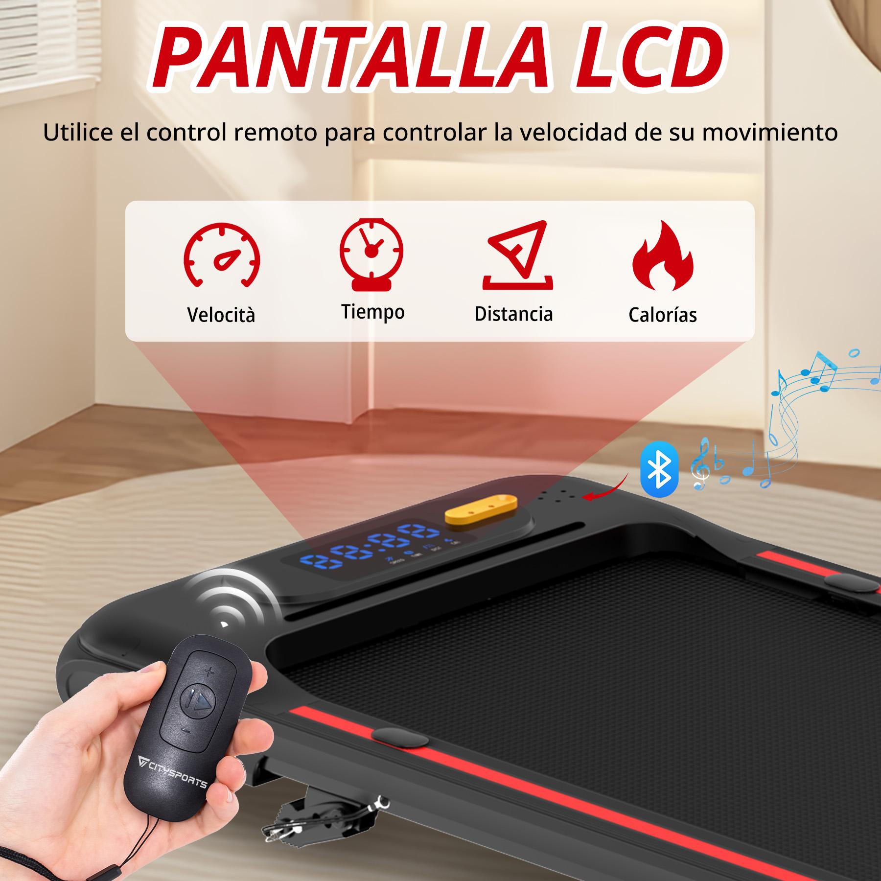 Una mano sostiene un mando para una cinta de correr con pantalla LCD que muestra velocidad, tiempo, distancia y calorías.