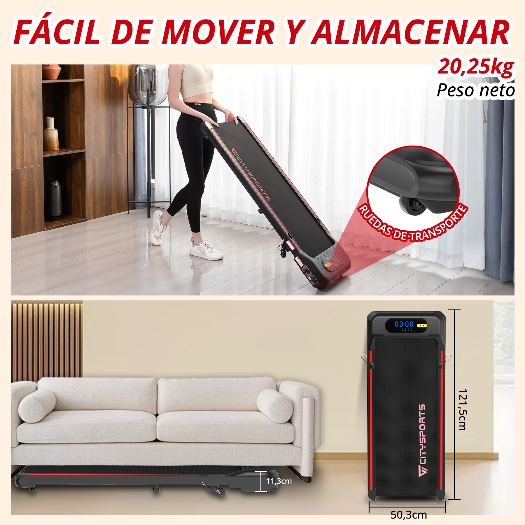 Cinta de correr compacta en uso y plegada junto a sofá. Dimensiones mostradas.