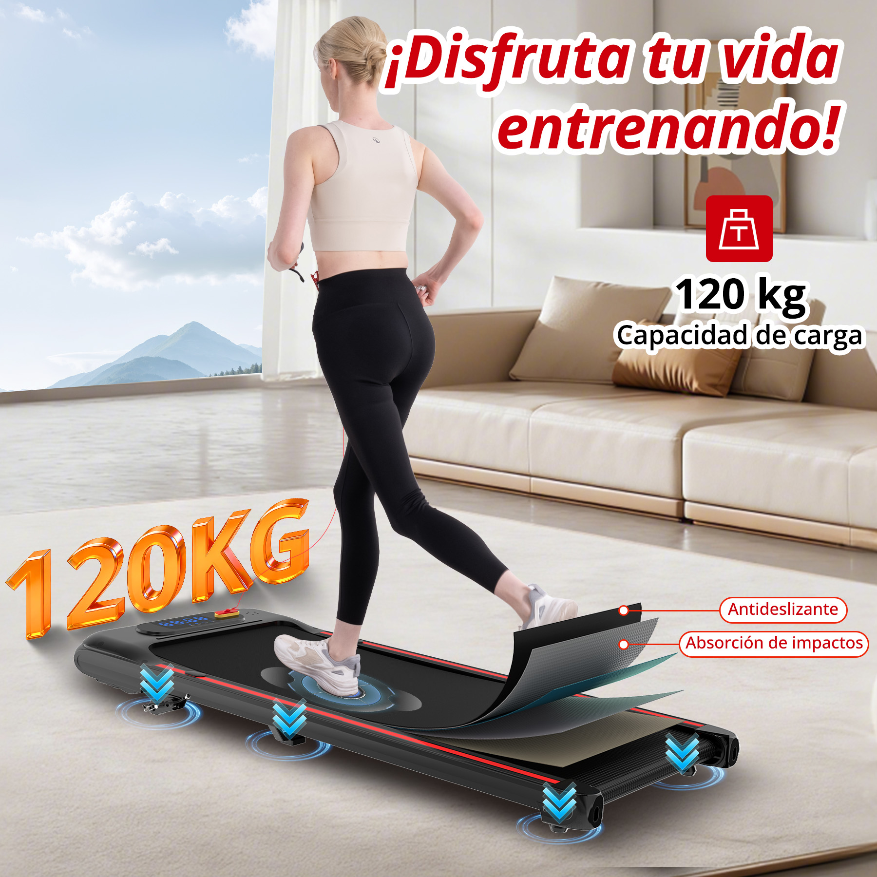 Una mujer corre en una cinta de correr de 120 kg de capacidad en una sala de estar.