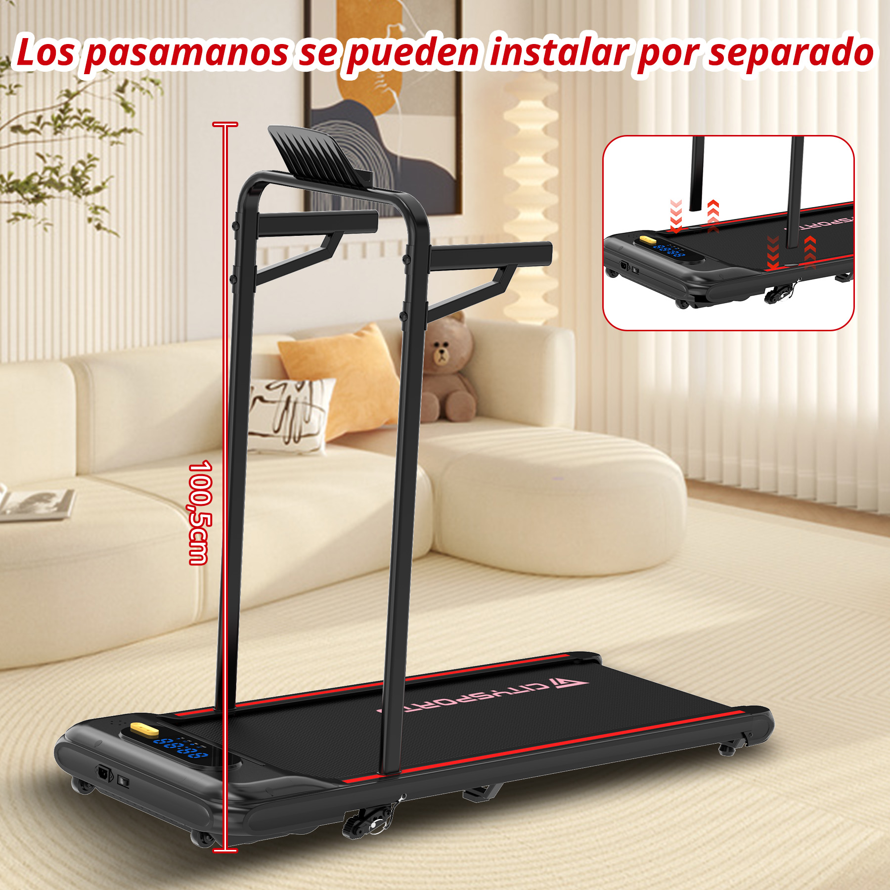 Una cinta de correr negra con ribete rojo en una sala de estar.