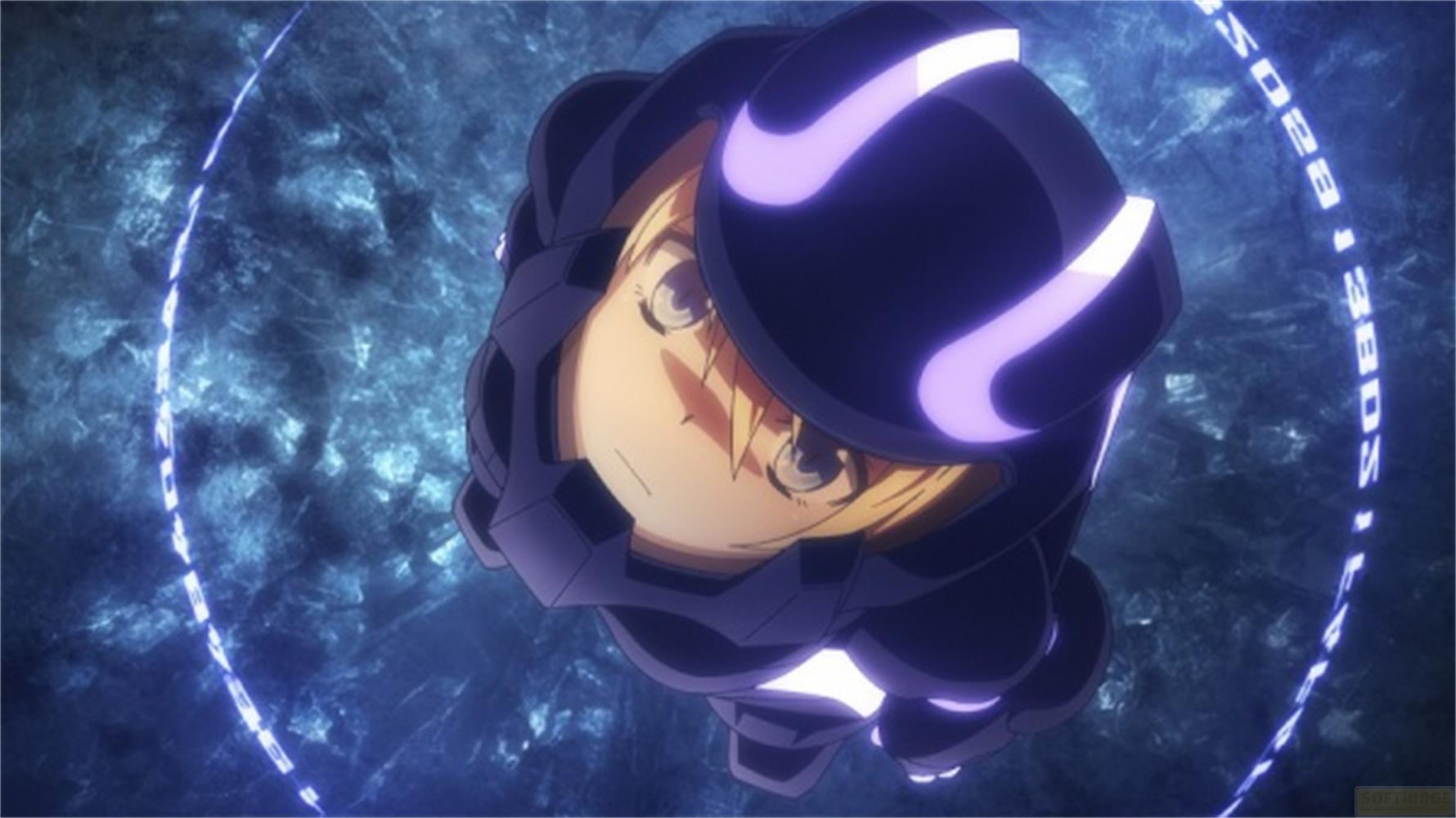 Personaggio anime in armatura scura con accenti viola, circondato da cerchi di energia blu.
