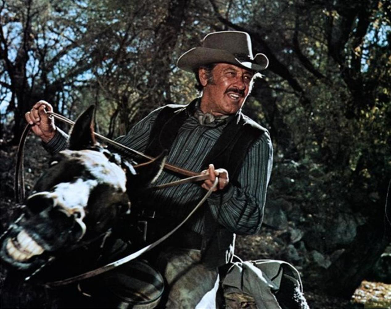 Un uomo in abiti da cowboy cavalca un cavallo in una foresta.