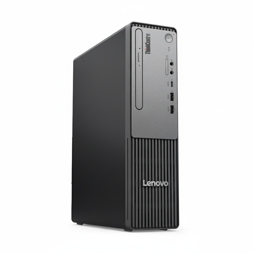 Beyaz arka plan üzerinde siyah bir Lenovo ThinkCentre masaüstü bilgisayar.