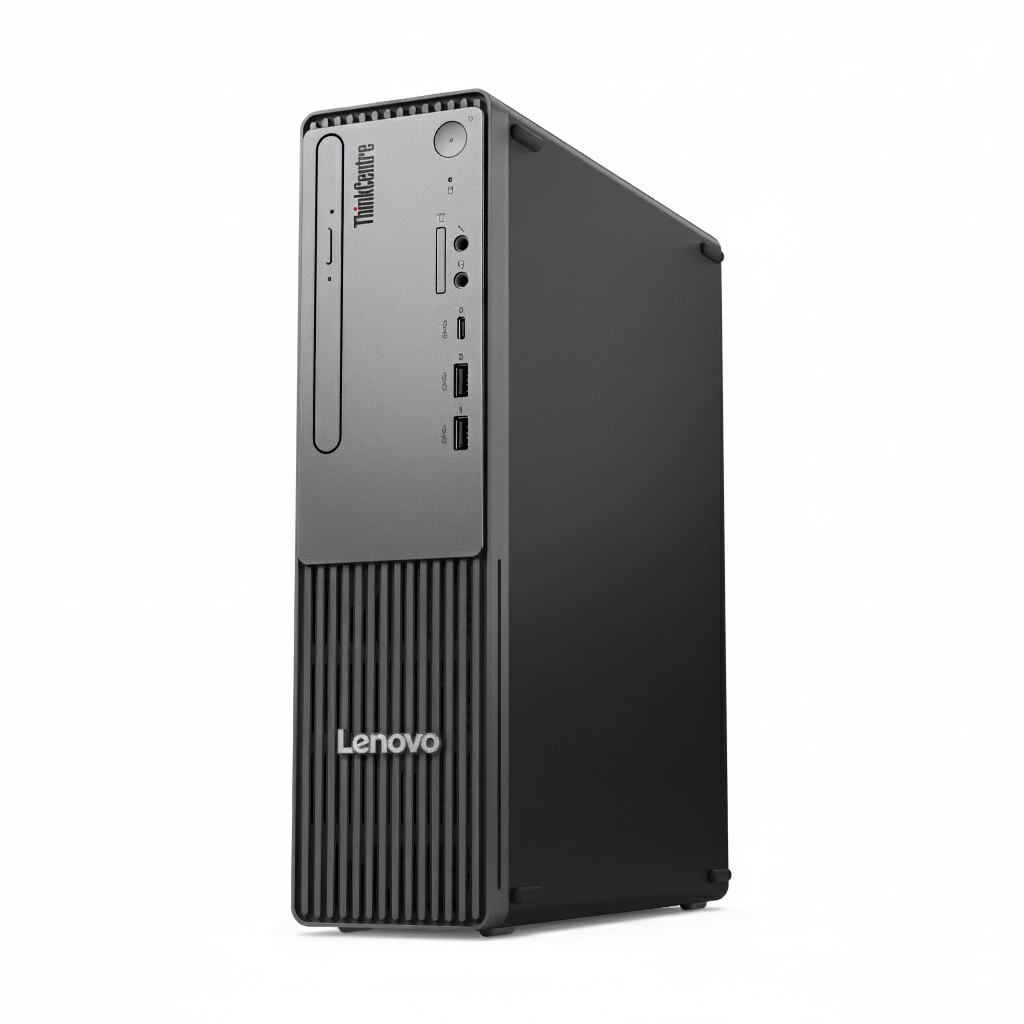 Optik sürücülü ve USB bağlantı noktalarına sahip siyah bir Lenovo ThinkCentre masaüstü bilgisayar.