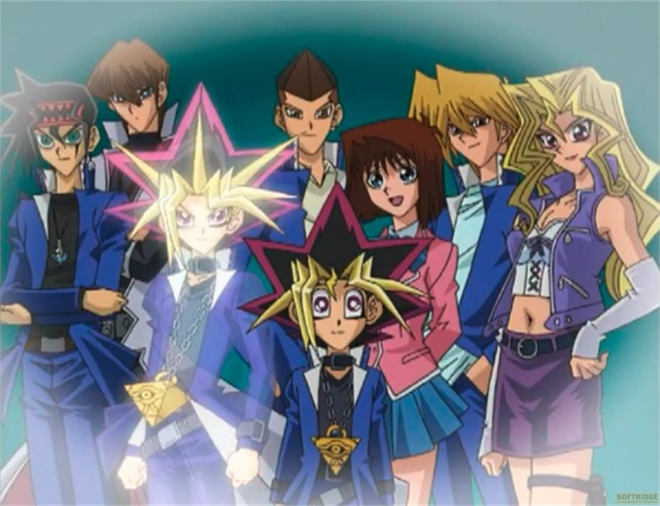 Un gruppo di otto personaggi anime davanti a uno sfondo blu.